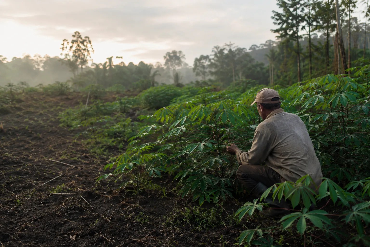 Produtor rural em plantação de mandioca